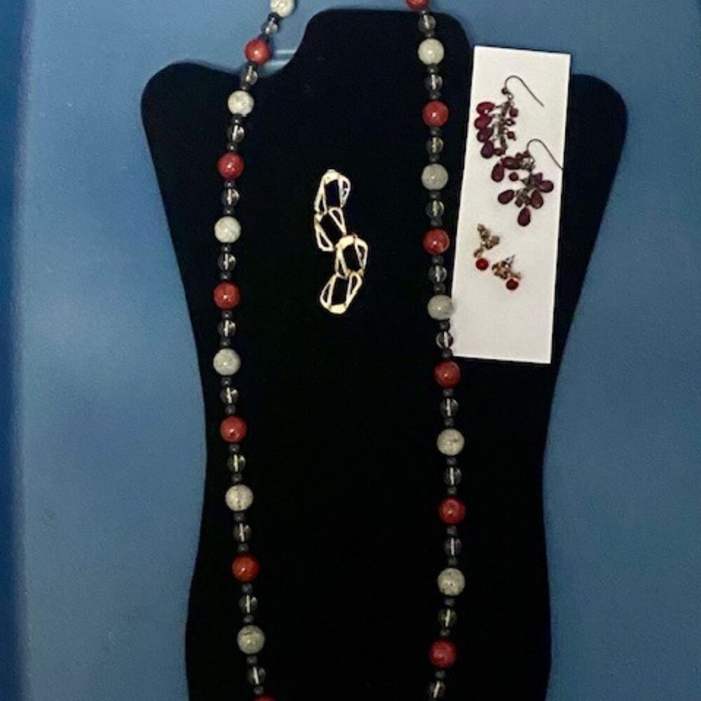 Costume jewelry in gray, black and red.  Necklace signed MONET